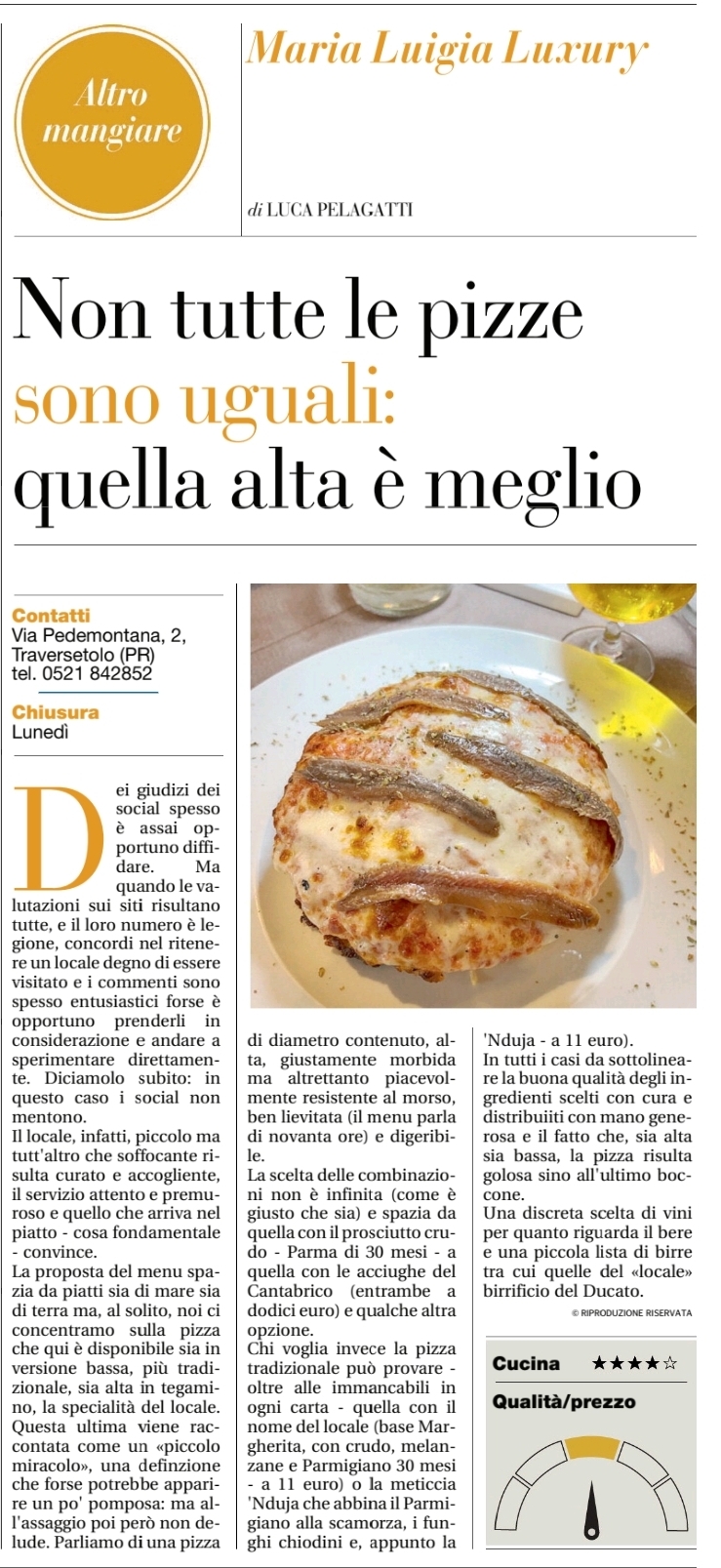 Articolo della Gazzetta di Parma sul Maria Luigia Luxury